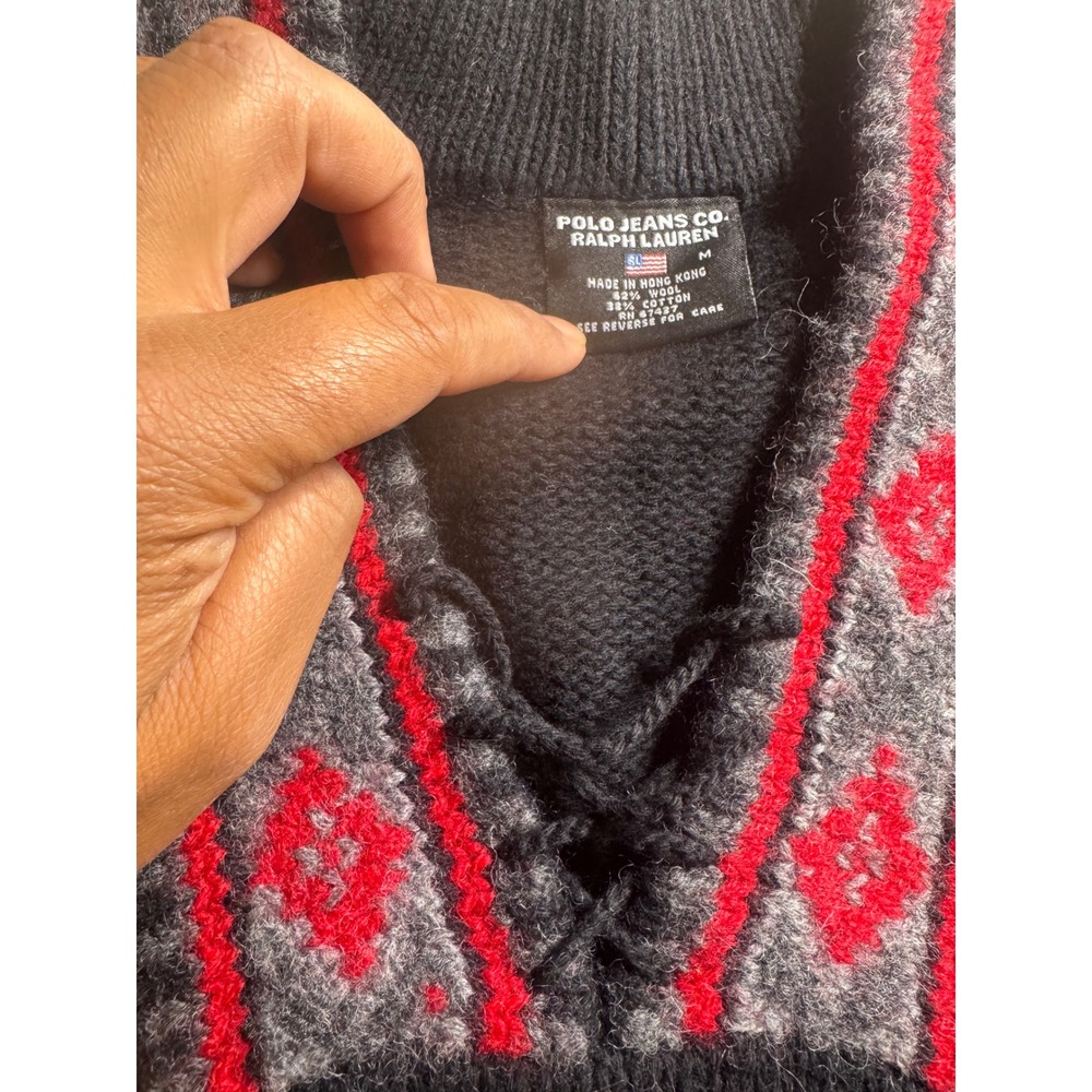 vtg Polo Jeans Co Ralph Lauren Wool Blend Lace Up Fair Isle Sweater Navy Red M - Picture 7 of 8
